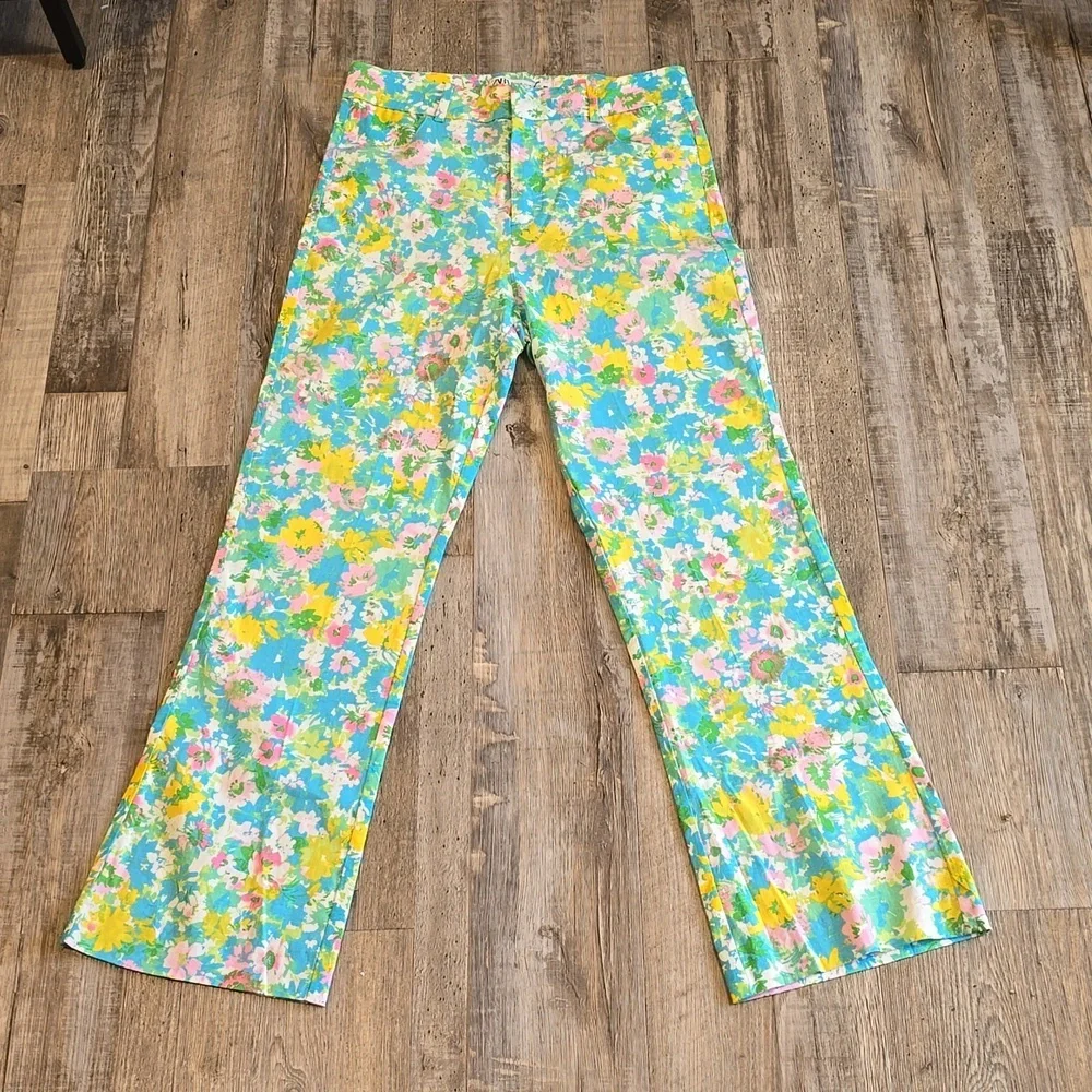 ZARA| Floral Printed Linen Blend| Flare Trousers|‎ Size 4​